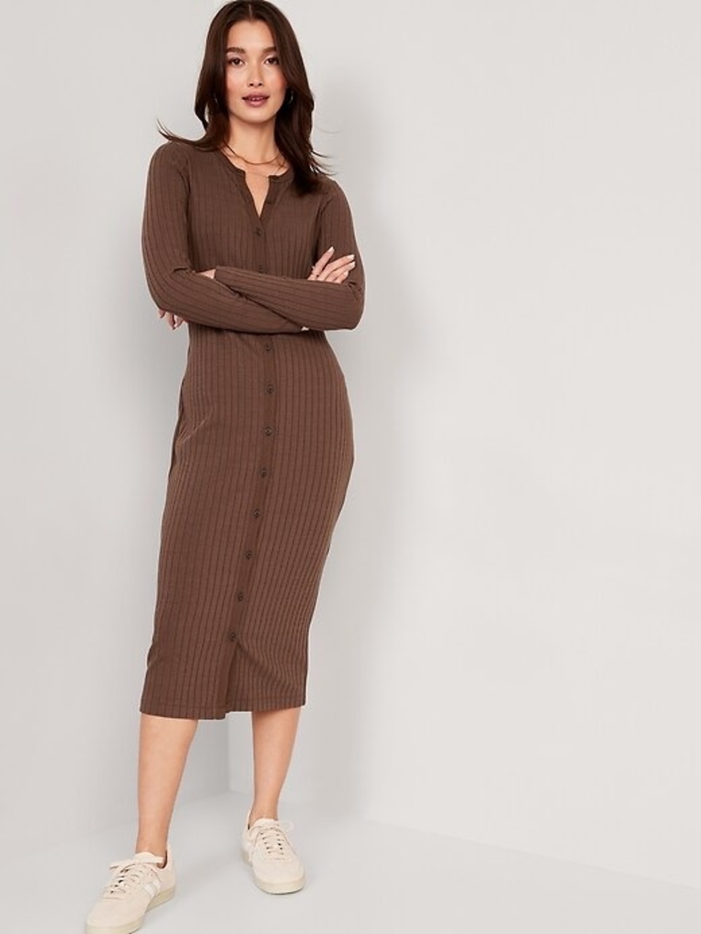 Old Navy Button-Front Knit Ribbed Long Sleeve Midi Dress - Brown